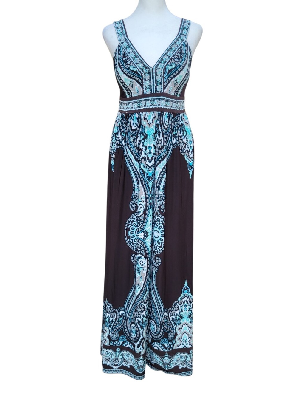 INC International Concepts Black Maxi Dress with Teal Paisley Print Size M - Picture 3 of 9